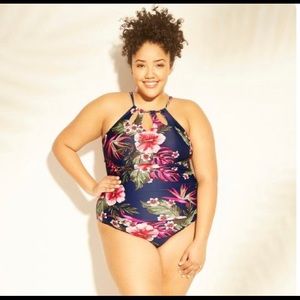 Kona Sol Bathing Suit Size 24W Floral Blue Red NWT